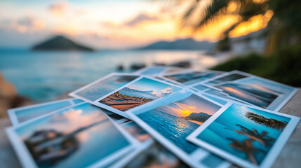 Stack of printed travel photographs on table, tropical beach sunset memories, vacation imagery with palm trees, summer vibes, and warm colors