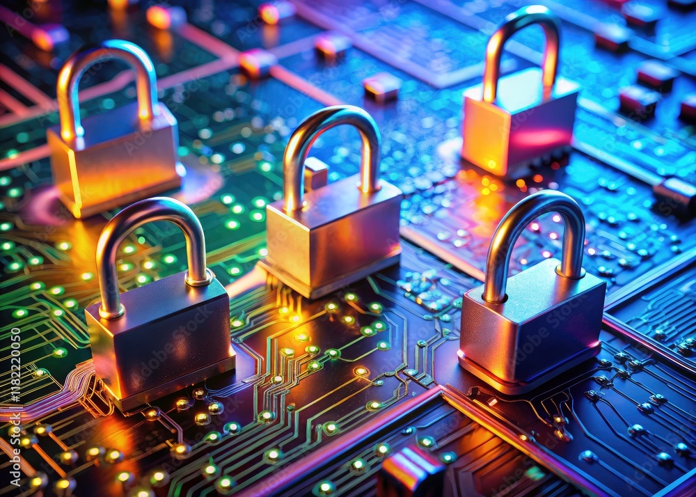 Aufkleber glowing padlocks shield data on a circuit board network, representing robust cybersecurity and data 