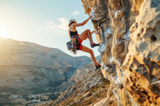 A determined climber scales a sheer cliff with stunning mountain views in the background during sunset