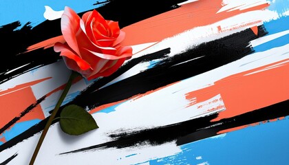 A vibrant red rose rests on a colorful, abstract background of blue, black, and coral strokes, blending nature with modern art.