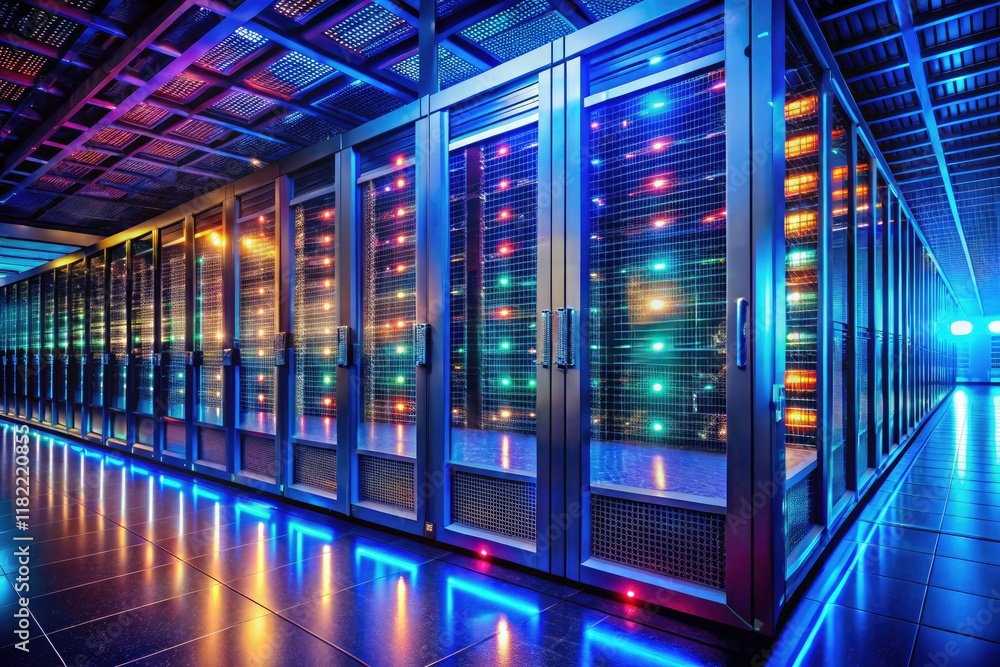 Poster high-tech data center: servers process vast amounts of digital information via advanced network proc