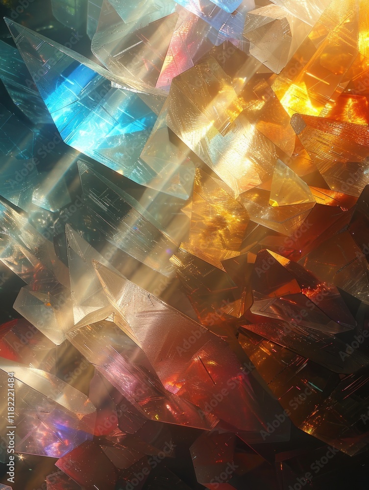 Poster bright sunlight passes through a crystal prism, creating captivating colors and mesmerizing patterns