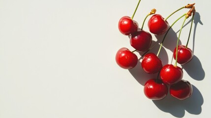 Obraz premium A cluster of bright red cherries with stems, isolated on a white background with room for text or designs.