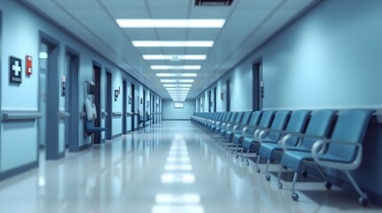 Obraz premium Bright Hospital Hallway: Long Empty Corridor in Medical Clinic or Healthcare Setting
