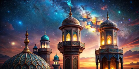 Fototapeta premium Surreal Starry Night: Ornate Minaret & Glowing Lantern - Stock Photo