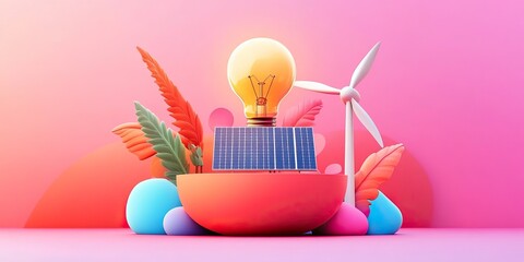A vibrant arrangement featuring a light bulb, wind turbine, and colorful shapes, symbolizing renewable energy and innovation.