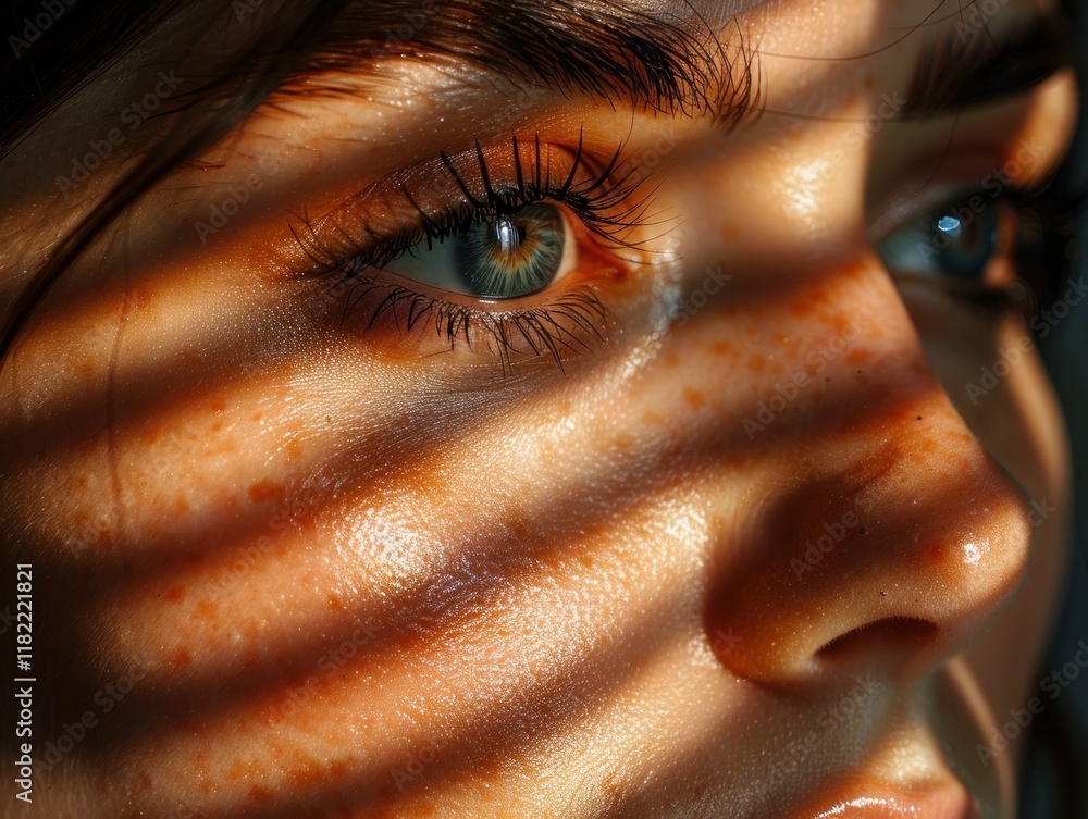 Poster a captivating close-up highlights a face illuminated by soft light, creating a stunning butterfly ef