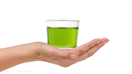Hand holding a glass of fresh celery juice with celery on white background