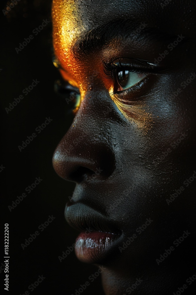 Poster a striking portrait captures a face illuminated by a single light source, creating a vivid contrast 