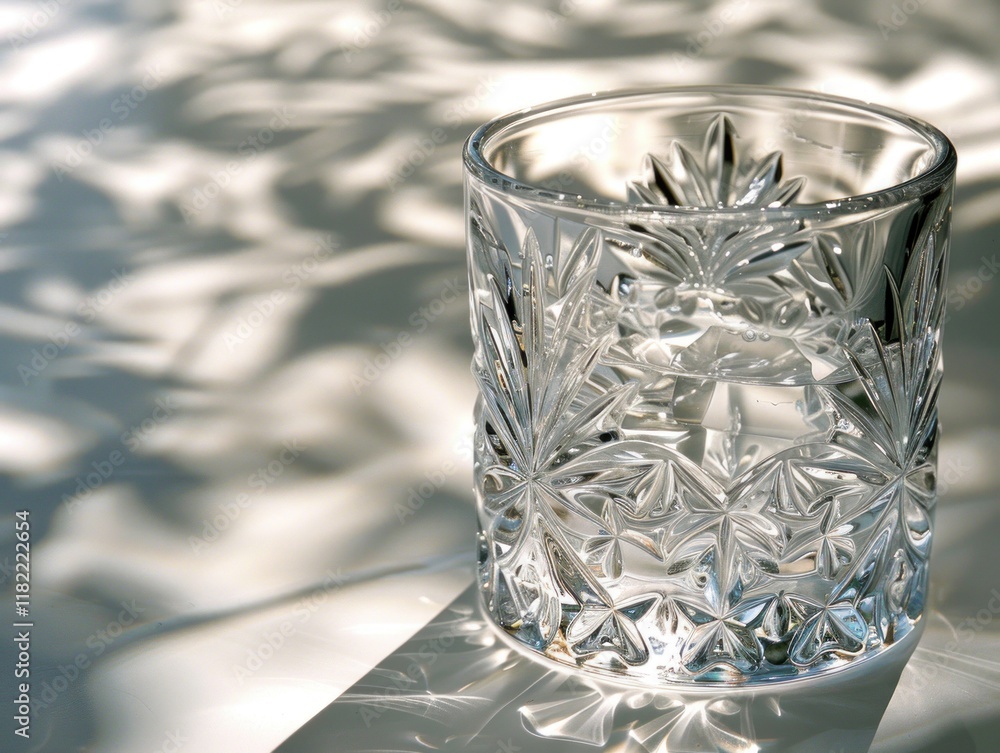 Poster a glass of water casts beautiful patterns of light and shadow on the surface below, creating an arti