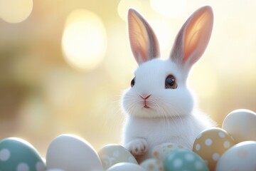 Obraz premium adorable bunny sits among colorful Easter eggs in a soft, sunlit setting. Cute greeting card for Easter. greetings and festive banner, copy space.