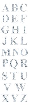 Elegant Diamond Alphabet Font with Sparkling Detail on Black Background. Illustration featuring glittering diamond-studded letters of the alphabet designed in an elegant font style.