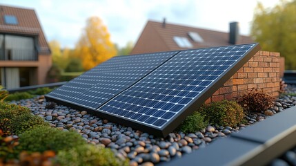 Fototapeta premium Rooftop solar panels on a green roof with pebbles and brick.