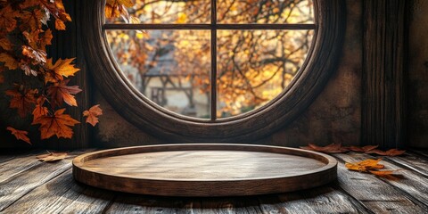 Fototapeta premium A rustic wooden plate providing a natural background, ideal for food or product photography.