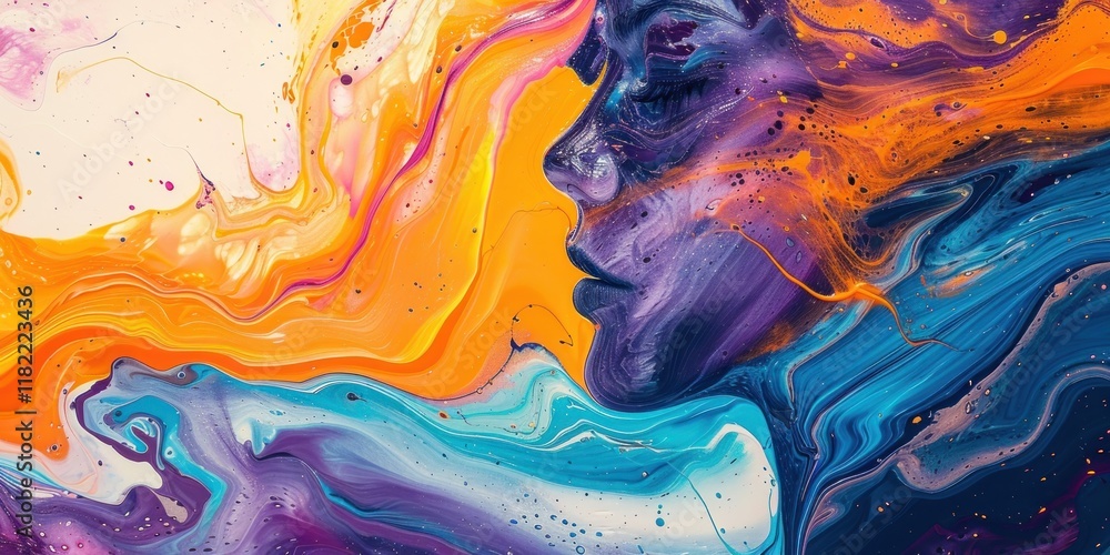 Poster a dynamic face blends with fluid colors, expressing emotion and movement in a captivating minimalist