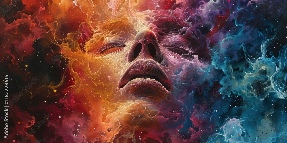Poster a dynamic face emerges from swirling colors, conveying deep emotion through vibrant abstract forms a
