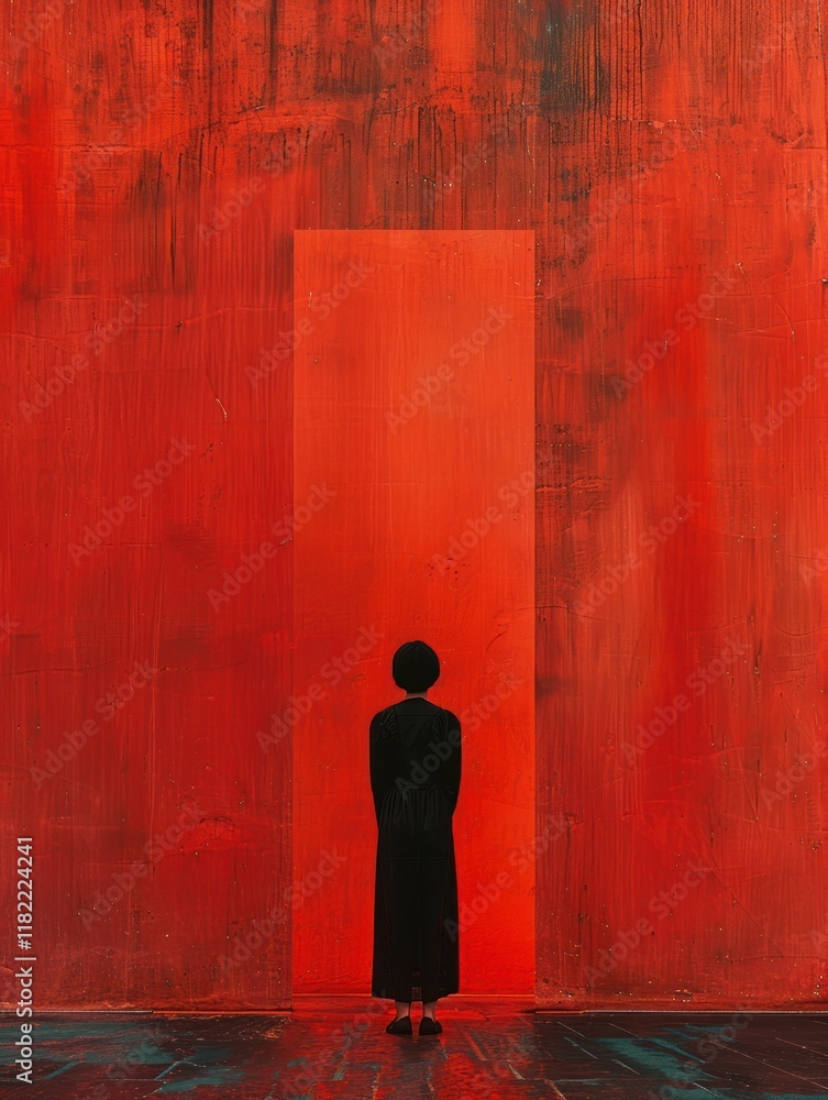 Poster a figure stands against a vibrant red backdrop, creating a captivating contrast that emphasizes simp