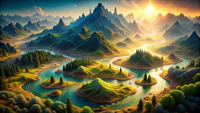 Surreal Topographic Map: 3D Terrain Elevation, Landform Details, Clear Background