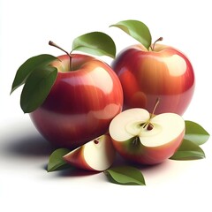 red apples with leaves on a white background