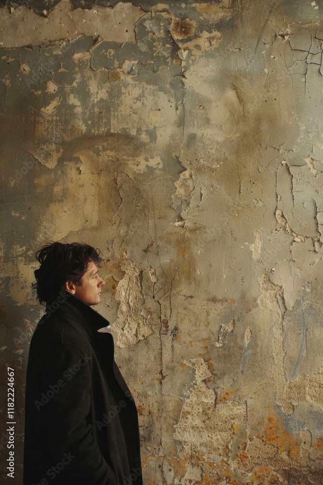 Poster a figure stands calmly against a textured wall, reflecting a minimalist style with muted tones and s