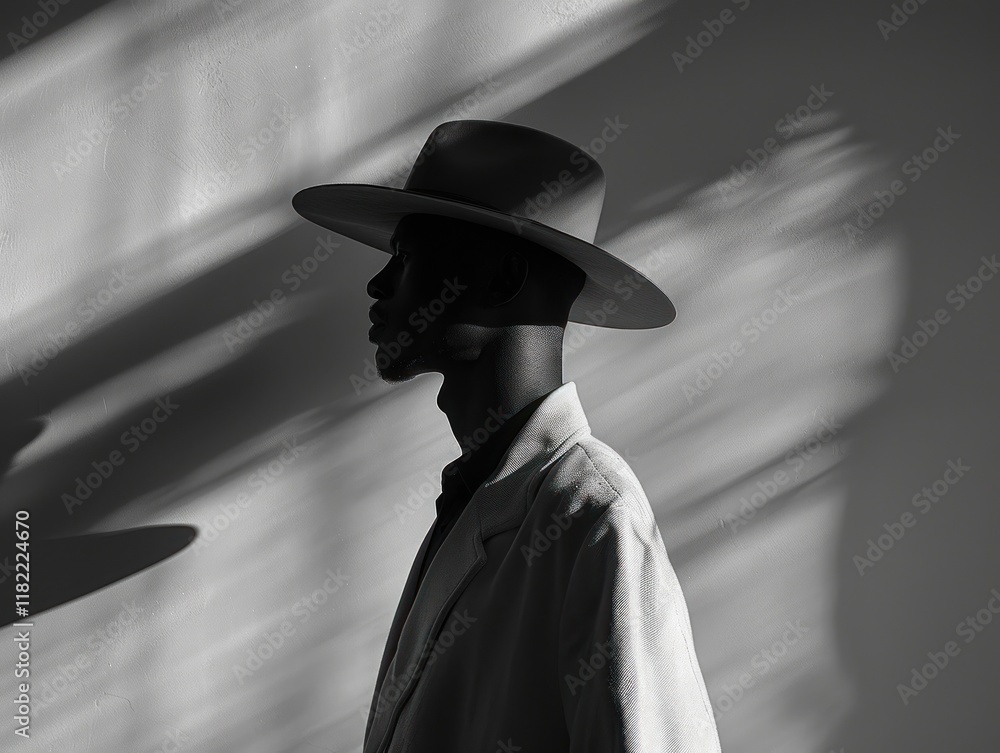 Poster a figure in a stylish hat stands in soft light, contrasting with shadows for an intriguing appearanc