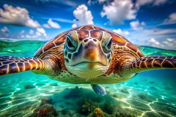 Fototapeta premium Surreal Underwater Sea Turtle Close-Up: Crystal Clear Ocean, Selective Focus