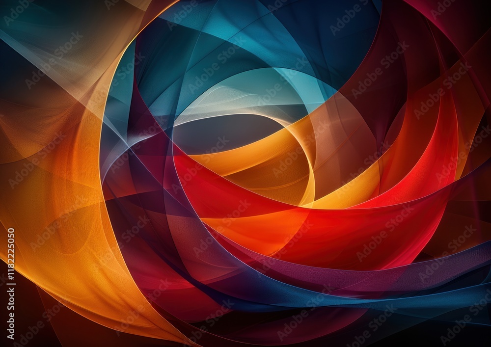 Poster a series of transparent circles overlap, blending vibrant colors to evoke movement and depth in a mi