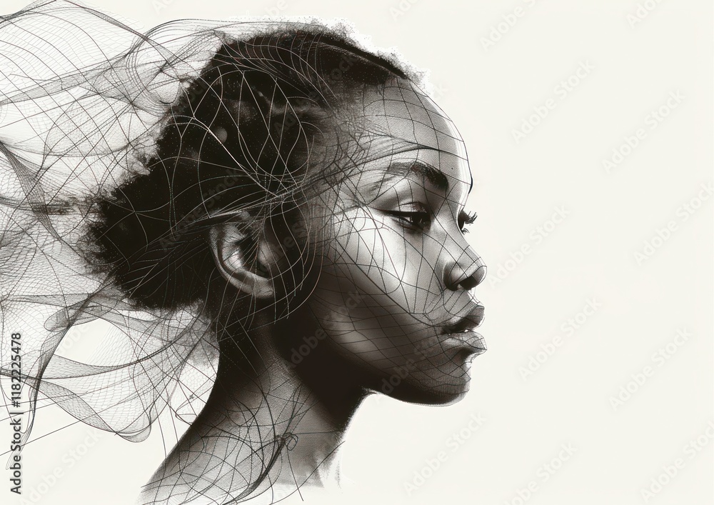Poster delicate line art emphasizes the profile of a serene subject, illuminated by soft light enhancing su