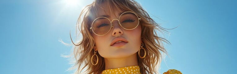 A sunny portrait of a woman in vibrant yellow, embodying carefree joy and vibrant summer energy, perfect for lifestyle or fashion concepts.