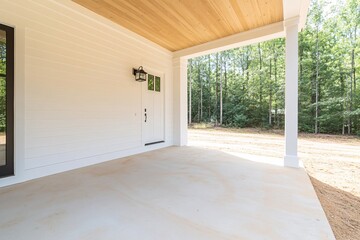 Fototapeta premium Modern Porch Entrance with White Paneling and Natural Surroundings in Daylight