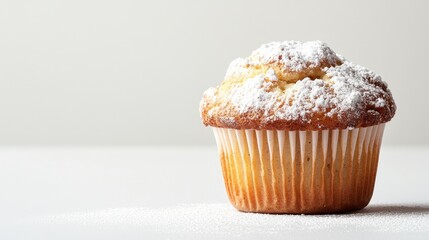 A freshly baked muffin with a dusting of powdered sugar, isolated on a white background with copy space.