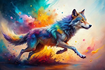 Fototapeta premium Surreal Watercolor Wolf Running, Splashing Paint, Colorful Animal Art