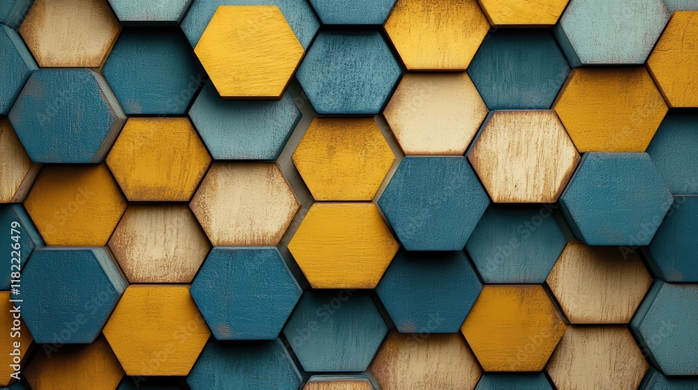 Poster dynamic hexagonal honeycomb patterns modern design digital art vibrant colors close-up view contempo