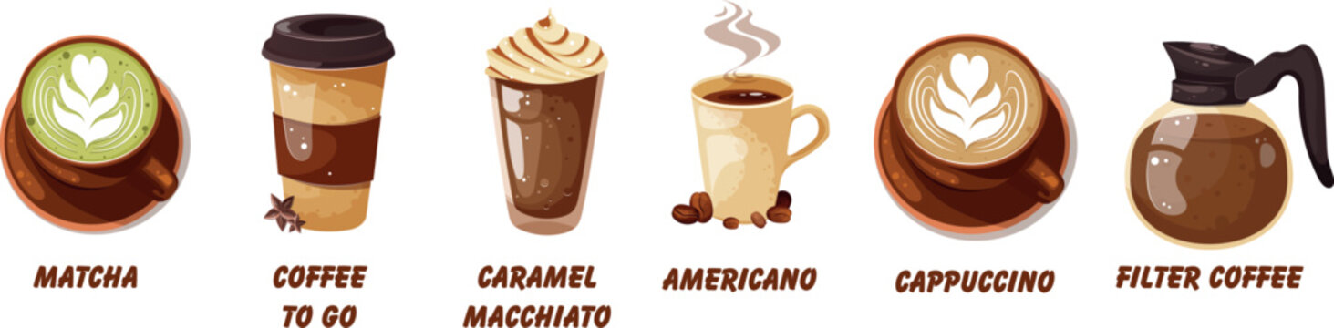 Coffee latte, matcha, filter coffee, cappuccino, hot drink in cup. Drink vector illustration design.