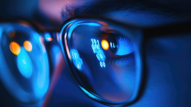 Detailed View of Glasses Reflecting Digital Code