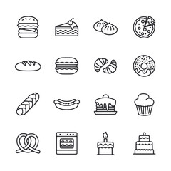 A set of food icons including a hamburger, hot dog, cake, donut, and sandwich