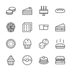 A collection of food icons including pizza, cupcakes, donuts, and sandwiches