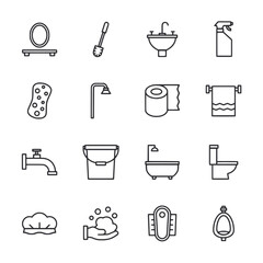 A set of bathroom icons including a toilet, sink, and shower