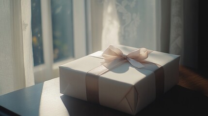 A white gift box tied with a pink ribbon on the table