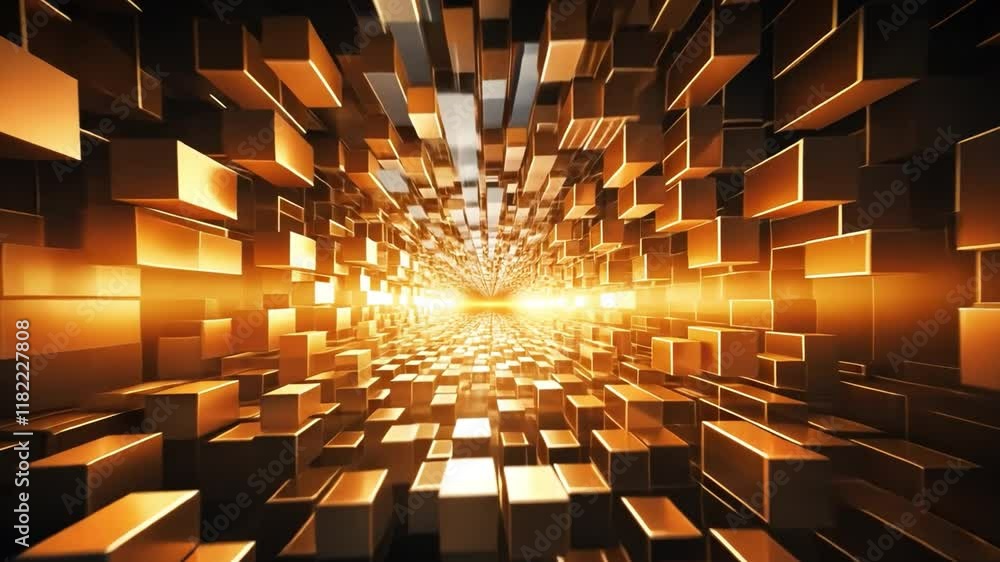 Aufkleber golden cubic tunnel: abstract image of a tunnel made of glowing golden cubes, creating a sense of de