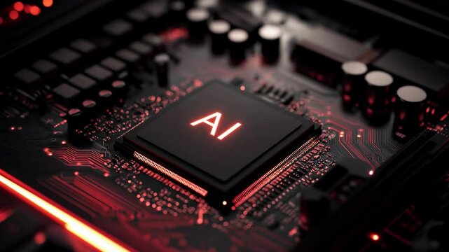 Abstract AI Chip concept Microprocessor microchip on a powerful computer motherboard, energy powering the CPU and circuitry cyber landscape