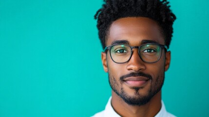 Obraz premium Pensive Young Man in Glasses Against Vibrant Turquoise Background
