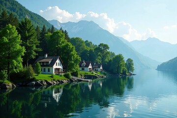 Fototapeta premium Dense forest trees along lake shore with row of houses, shoreline, nature, trees