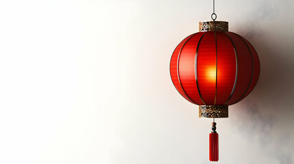 Fototapeta premium Glowing red Chinese lantern hanging against a white wall.