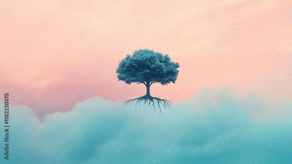 Poster surreal image of tree growing upside down amidst cloudscape with vibrant sky and roots suspended in 
