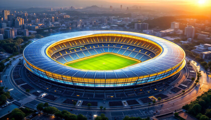 Solar stadium with sleek design, green field, and solar panels during a dramatic sunset