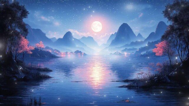 Starlit evening in a tranquil landscape with a glowing moon over misty mountains seamless looping 4K time-lapse virtual video animation background