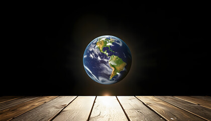 The earth is standing on top of a wooden table with the sun shining through, dramatic atmosphere, with white tones