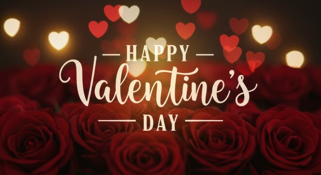 Happy Valentine's Day with Red Roses:  A heartfelt Valentine's Day greeting adorned with a delicate calligraphy script amidst a bed of velvety red roses and sparkling bokeh hearts.