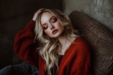 Blond woman in red sweater, eyes closed, relaxed pose.  Moody autumnal tones.